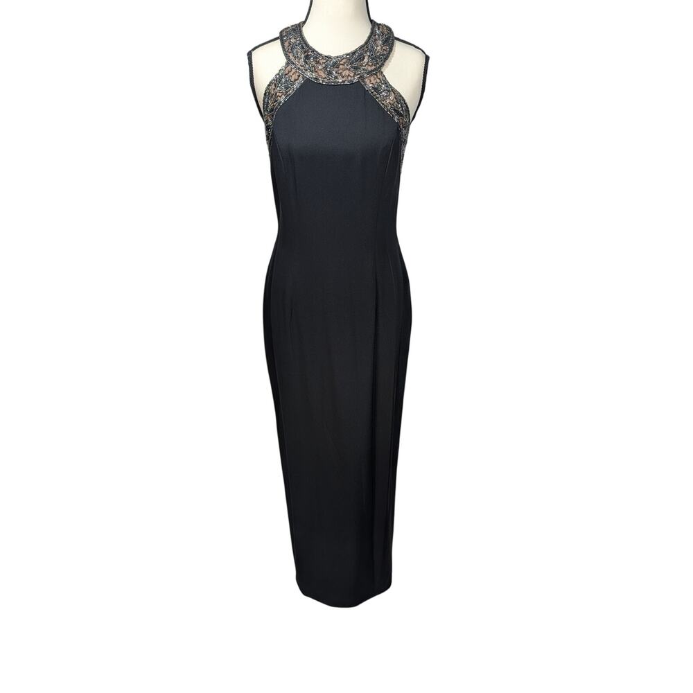Vintage Oleg Cassini Black Beaded Silk Evening Gown Size 8